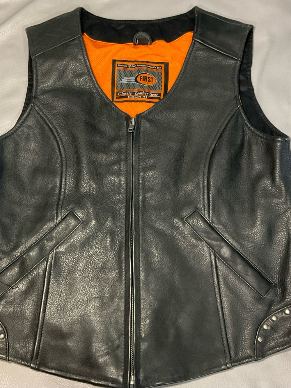 FIRST Black Leather Vest with Orange Lining